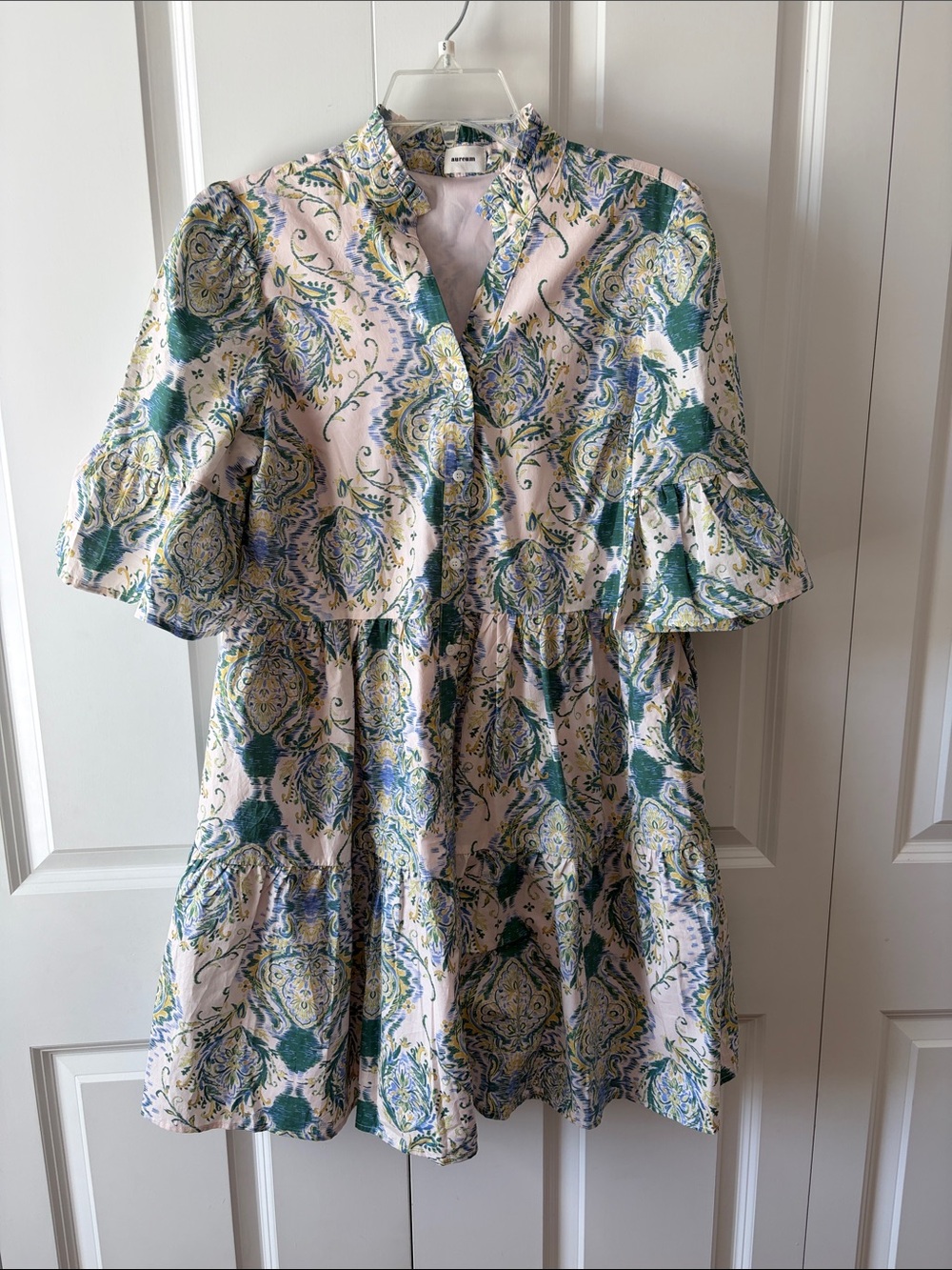 AUREUM Blue and White Tiered Babydoll Dress Women's Size Medium